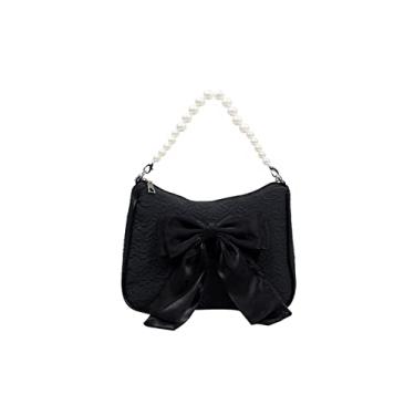 Imagem de YAQUNICER Bolsa tiracolo feminina com laço e corrente de pérola, bolsa pequena quadrada, Preto, One Size