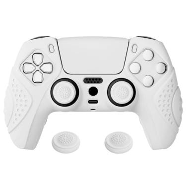 Imagem de eXtremeRate PlayVital Guardian Edition Capa de silicone branca ergonômica macia antiderrapante para controle ps5, películas protetoras de borracha com tampas brancas de joystick para controle ps5