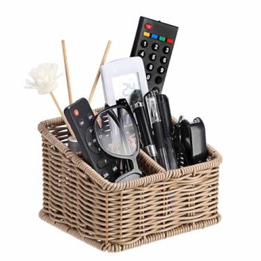 Imagem de BTSKY Suporte de controle remoto organizador de mesa de vime, suporte de armazenamento de material de escritório, acessórios de mesa, organizador para sala de estar, quarto, bancada, marrom escuro