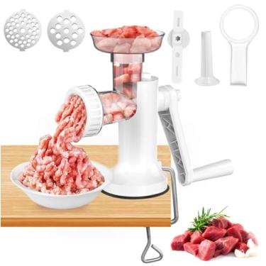 Imagem de LHS Moedor manual de carne, triturador de carne resistente, triturador de linguiça, moedor manual 3 em 1 com lâminas de aço inoxidável para carne, salsicha, biscoitos, fácil de limpar