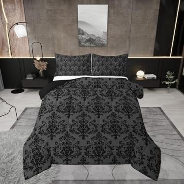 Imagem de Castle Fairy Conjunto de edredom infantil vintage, preto, tamanho Queen, estilo gótico, estampa de renda damasco, reversível, para decoração de quarto de meninas, boêmio, vitoriano, barroco, floral