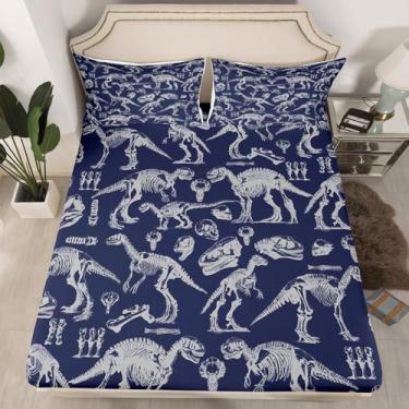 Imagem de Jogo de cama solteiro, esqueleto de dinossauro, caveira de açúcar, animais selvagens, decoração de quarto de crianças, adolescentes e homens, lençol com elástico alto, desenho vintage, azul escuro, 1