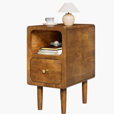 Imagem de Mesa de cabeceira estreita, mesa de cabeceira de madeira maciça com gavetas, mesa de cabeceira moderna de nogueira de meados do século, pequena mesa ao lado com prateleira de armazenamento aberta para