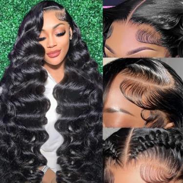 Imagem de Perucas de cabelo humano ondulado frontal entrelaçado pré-arrancado 71 cm HD perucas de cabelo humano 33 x 15 peruca ondulada para mulheres negras 10A perucas sem cola peruca preta densidade 180