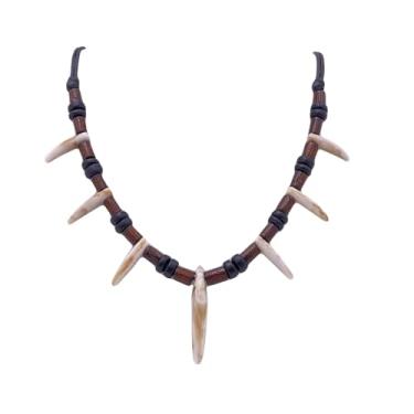 Imagem de Colar tribal ajustável de dente de resina de contas de madeira para homens e mulheres homem das cavernas preto com contas de madeira de coco