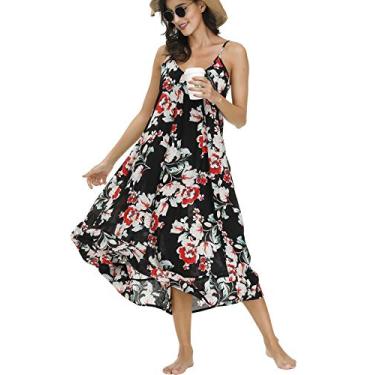 Imagem de BUENOS NINOS Vestido feminino maxi floral com gola V estampado boho alça fina ajustável étnico praia vestido longo com bolsos, Vestido de flor preta, G