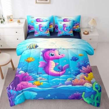 Imagem de Erosebridal Jogo de edredom Kawaii, tamanho casal, com estampa de peixe, coral, macio, para crianças, meninos, meninas, vida marinha, para cama, acessórios de cama com desenho animado do mundo