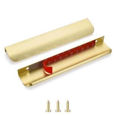Imagem de sunlithor Puxadores de dedo de borda para armários, descasque e cole na gaveta de cozinha, invisível, autoadesivo, plano sem broca, pacote com 10 alças de latão escovado comprimento total de 20 cm