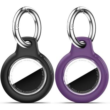 Imagem de Pacote com 2 Airtags de suporte à prova d'água com chaveiro Apple AirTag, capa rígida para PC AirTag, suporte antiarranhões e choques, chaveiros e chaveiros masculinos femininos - preto + roxo escuro