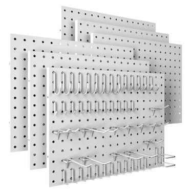 Imagem de Spampur Peg Board, pacote com 6 painéis de metal para quadro de pegboards brancos organizador de parede com 50 ganchos, placa resistente para paredes de casa, armazenamento de ferramentas de garagem
