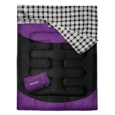 Imagem de WKFAMOUT Saco de dormir duplo para adultos, lavável na máquina, saco de dormir para acampamento para 2 pessoas, tamanho Queen, impermeável, com saco de compressão para clima frio, 3-4 estações