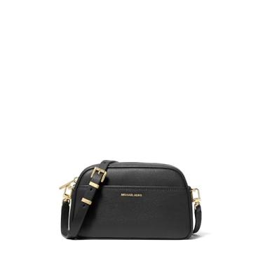 Imagem de Michael Kors Bolsa transversal pequena para câmera Jet Set, ferragens douradas/couro de cabra em relevo/preta