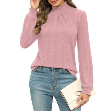 Imagem de Blusa feminina Micoson com gola alta, algodão waffle, rosa, tamanho M