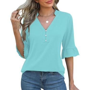 Imagem de Blusa feminina Rapbin azul claro, manga 3/4, decote em V, tamanho GG