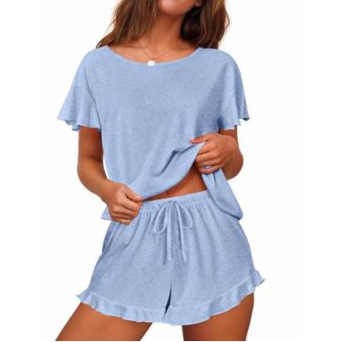 Imagem de Conjunto de pijamas femininos Ekouaer com mangas com babados e azul cu