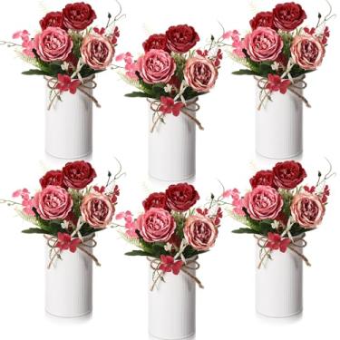 Imagem de Domensi 6 conjuntos de peças centrais de casamento para decoração de mesa, vinho, rosa empoeirado e rosa cremoso artificial com vaso de metal, buquê de rosas de seda sintética, arranjo floral para chá