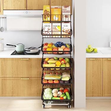 Imagem de Fruteira de Chão Cozinha, Armazenamento de Frutas e Verduras, Carrinho Organizador de Cozinha de 6 Níveis com Rodas de Bloqueio, Ideal para Cebolas, Batatas, Verduras
