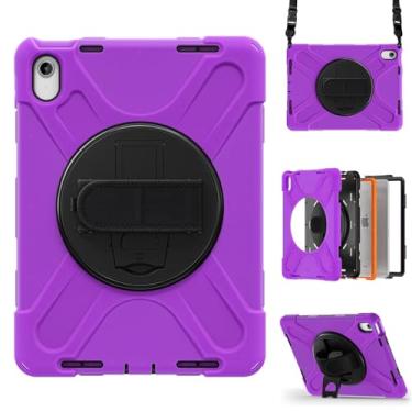 Imagem de Capa para iPad 10ª geração 10,9 polegadas versão 2022, capa protetora portátil resistente à prova de quedas com suporte giratório 360, alça e alça de ombro, caneta Stylus (nova roxa)