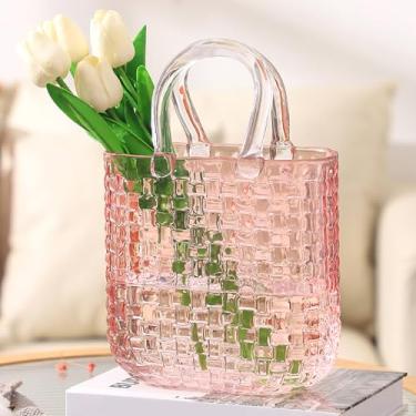 Imagem de PORPAN Vaso de bolsa de vidro, vaso rosa para flores, vaso de flores exclusivo, vasos grandes para bolsa de vidro, vasos em forma de bolsa de 25 cm para casa, sala de estar, quarto, mesa, decoração de
