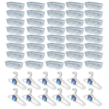 Imagem de Kit 40 Cestos retangular + 60 Cabides Transparente Infantil - Trioplas