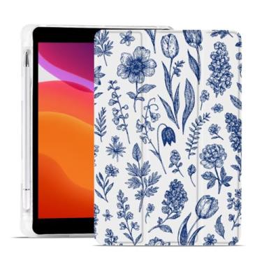 Imagem de MAYCARI Capa retrô de flores azuis para iPad de 10,2 polegadas 2021/2020/2019 com suporte para lápis, padrão original para iPad 9ª/8ª/7ª geração, capa protetora traseira de TPU macio, capa fina