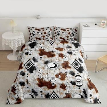 Imagem de Feelyou Southwestern Conjunto de cama macio para meninos e meninas, tamanho Queen, estampa de pele de vaca, edredom de microfibra para decoração de quarto de fazenda, bege, preto, marrom, 3 peças com