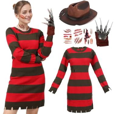 Imagem de 6 peças de fantasia assustadora de Halloween para mulheres, suéter de malha, chapéu, luva, adesivos, roupa assustadora, cosplay de Halloween, para adultos, Listrado vermelho e verde, G