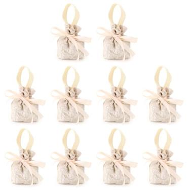 Imagem de Diakey Pacote com 10 sacos de presente pequenos com alças, sacos de lembrancinha de festa de casamento com cordão, mini bolsas de presente de tecido a granel para guloseimas, doces, guloseimas