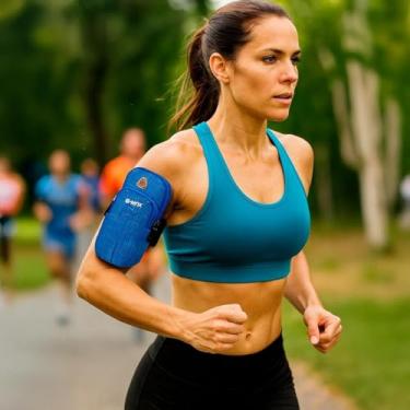 Imagem de Braçadeira Esportiva Ajustável com 2 Bolsos e Saída para Fone Impermeável Neoprene/Nylon | Suporte Celular para Corrida, Caminhada, Academia e Ciclismo – Azul