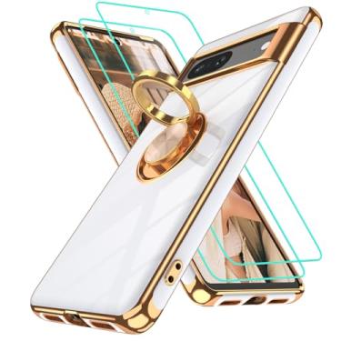 Imagem de Gritup Capa para Google Pixel 7 | 2 peças protetoras de tela | Suporte magnético de rotação de 360° | Revestimento dourado macio TPU protetor básico para celular Pixel 7 branco