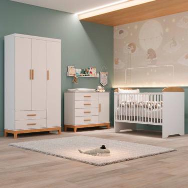 Imagem de Quarto de Bebe Completo Berço Eloa 3 em 1 e Comoda Hellen Fraldário e Guarda-roupa 3 Portas Hellen