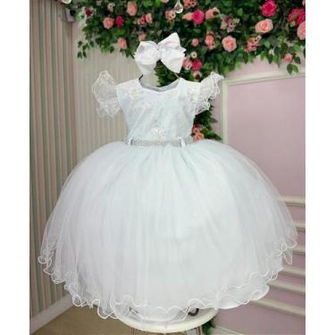 Imagem de Vestido Infantil para Batizado e Casamento Branco com Cinto de Strass 