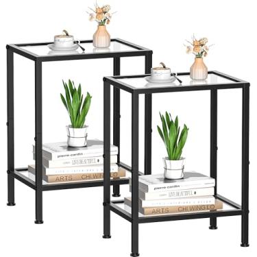 Imagem de Conjunto de 2 mesas laterais, mesas de canto de vidro temperado, mesas de cabeceira de 2 camadas com prateleiras abertas, mesa de centro pequena com estilo moderno, mesa de destaque pequena mesa de