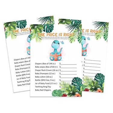 Imagem de Inkdotpot Jogo de chá de bebê The Price Is Right - coleção divertida de jogos de festa para meninos/meninos, atividades, decorações, materiais de festa com tema de dinossauro - Pacote com 50