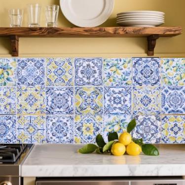 Imagem de GOMAKERER 48 peças de adesivos de azulejo de 24 estilos, 15 x 15 cm estampa geométrica de flor de limão adesivos de azulejo de parede removíveis Backsplash à prova d'água adesivos autoadesivos para