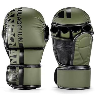 Imagem de Luvas de MMA Profissionais Palma Aberta, Verde Militar, PU Premium com EVA, para Sparring, Grappling, Muay Thai e Kickboxing, com Sistema de Ventilação e Absorção de Impacto (M)