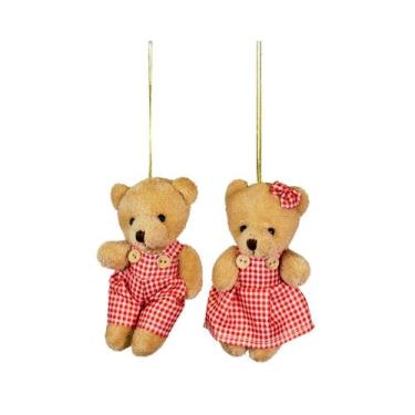 Imagem de Jogo Ursinho Decorativo Natal Casal Pelúcia Bege Roupa Vermelho Xadrez