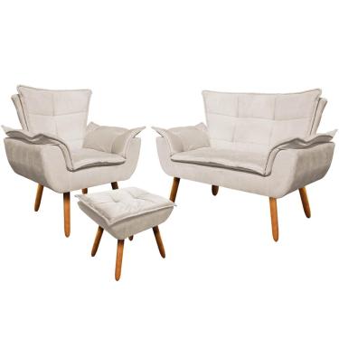 Imagem de Conjunto Poltrona Puff e Namoradeira Pés Palito Charger Suede Bege - Gran Belo