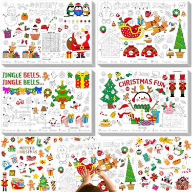 Imagem de Jogo americano para colorir de Natal, conjunto de 20 tapetes de mesa de papel e 97 adesivos adoráveis, 4 desenhos de papel para atividades de colorir de Natal para pintura faça você mesmo, banner