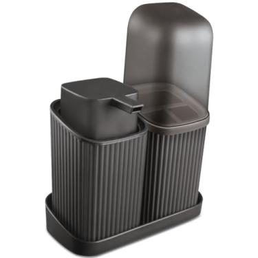 Imagem de Kit Banheiro Peças Completo - Porta Sabonete Líquido, Porta Escova e Bandeja | Conjunto Organizador para Lavabo(Preto)