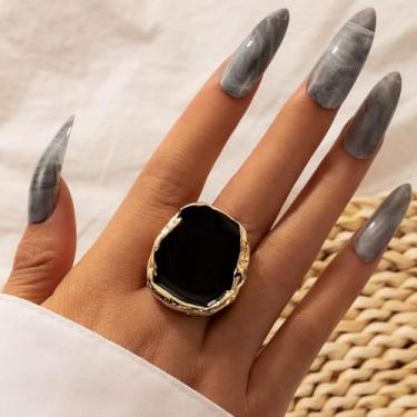 Imagem de Anéis vintage para mulheres, anéis de coquetel de ouro grosso, anel de dedo preto grande esmaltado, acessórios de joias punk geométricas, presentes, Adjustable, Liga de aço, Sem pedra preciosa