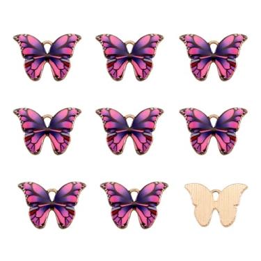 Imagem de 10 pingentes de borboleta de liga de liga esmaltada, pingentes de borboleta folheados a ouro, pingentes de inseto de metal para pulseiras, colares, brincos faça-você-mesmo, joias fúcsia