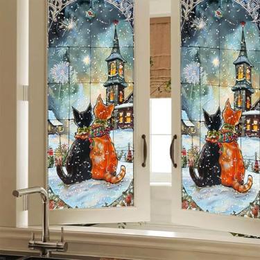 Imagem de HOMETITUTE Película de privacidade decorativa de vitral de gato, janela noturna de neve, adesivo de janela sazonal para Natal, casa, sala de estar, quarto, 17,7 x 39,3 polegadas