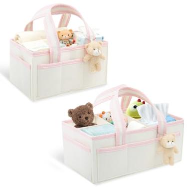 Imagem de HJJWNDDNG Organizador de fraldas de bebê, 2 peças, grande, de feltro, para berçário com alça, cesto portátil para lenços umedecidos para recém-nascidos (rosa - 2 G + trompete)