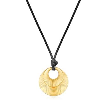 Imagem de YUJIE Colar geométrico para mulheres, banhado a ouro, com pingente texturizado grosso, ajustável, cordão de couro preto, joia moderna