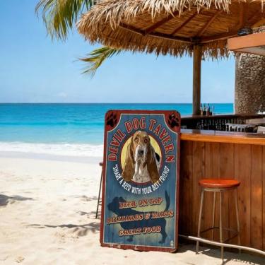 Imagem de 1 placa de lata vintage com cabeça de cão diabo taverna basset - torneira de cerveja bilhar dardos decoração de pub, arte de parede ao ar livre para bar café casa de praia com charme retrô americana