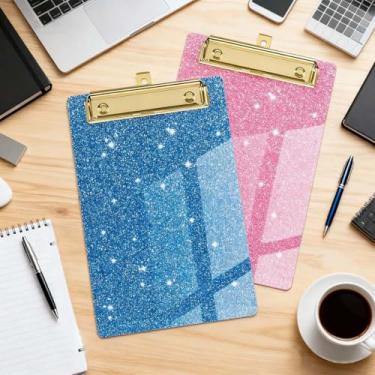 Imagem de Prancheta de glitter tamanho A4, prancheta fofa rosa e azul com clipe de metal dourado, quadro de acrílico para escritório e uso doméstico