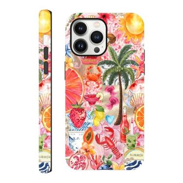 Imagem de Capa compatível com iPhone 13 Pro de 6,1 polegadas, colagem de praia de verão frutas e frutos do mar, capa de telefone de arte estética, capa rígida híbrida resistente a arranhões de 2 camadas para
