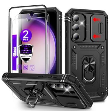 Imagem de Capa para Galaxy S23 FE com controle deslizante para câmera, 2 películas de vidro temperado, suporte de anel giratório de 360°, capa protetora de grau militar para Samsung S23 FE - preta