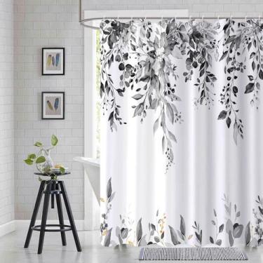 Imagem de Cortina de chuveiro Caheansi em preto e branco com folhas de eucalipto